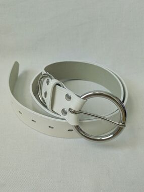 VTG Off-White Italian Leather Belt Heavy Silver Circle Buckle Western Y2K